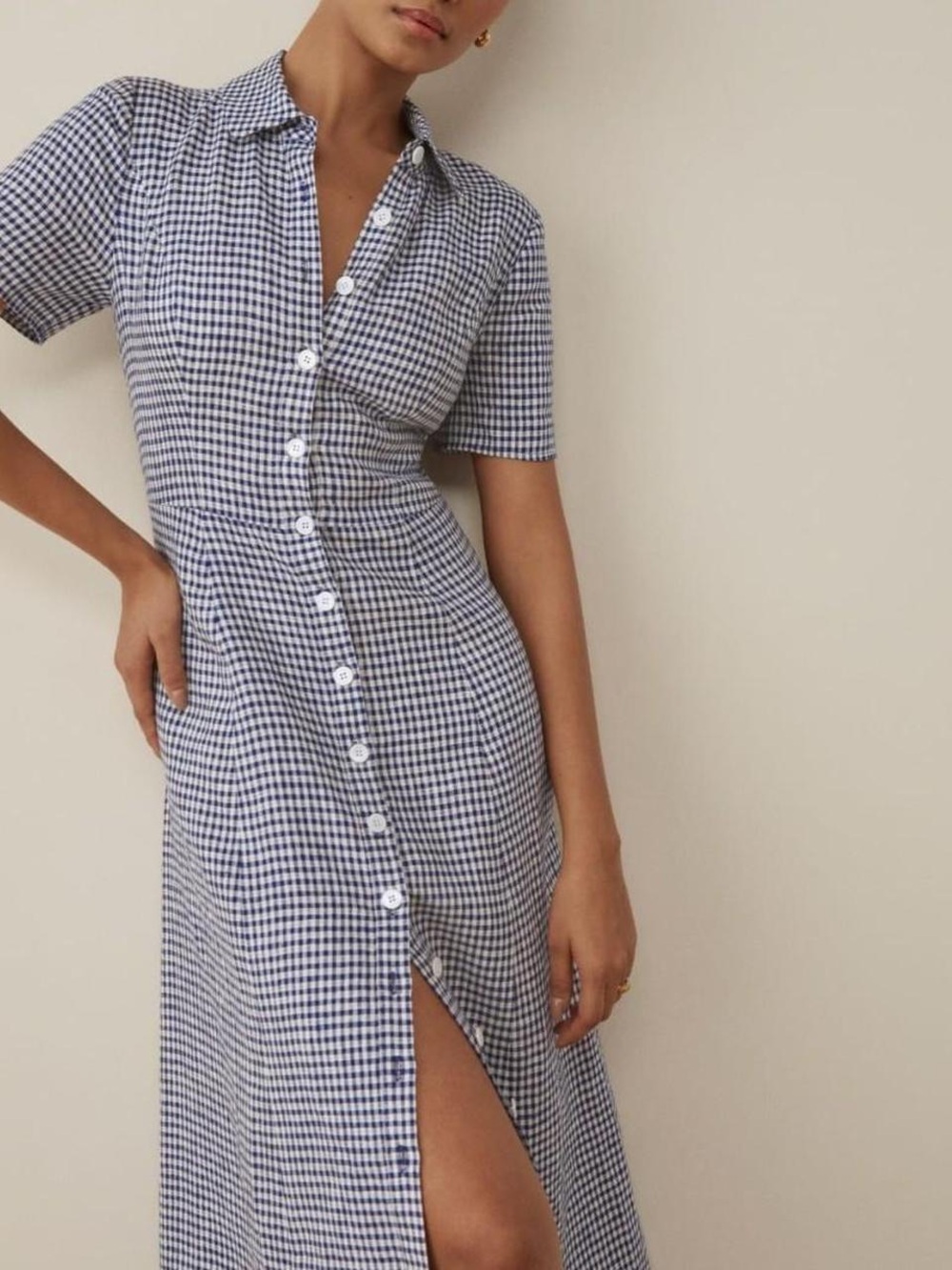 Reformation Marianne Linen Dress In Challah Check navy blue white size 4